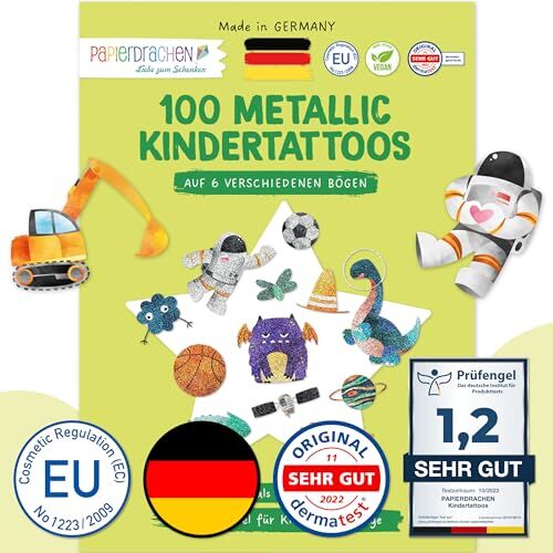 PaPIerDraCHeN 100 tatuaggi metallici da attaccare tatuaggi per bambini rispettosi della pelle, scavatrice e dinosauro disegni fantastici come regalo di compleanno o idea regalo vegan testato TÜV