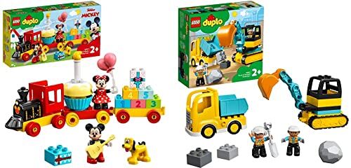 Lego 10941 DUPLO Disney Il Treno del Compleanno di Topolino e Minnie, Giochi Educativi per Bambini dai 2 Anni, Idea Regalo con Torta e Palloncini & 10931 DUPLO Town Camion e Scavatrice Cingolata