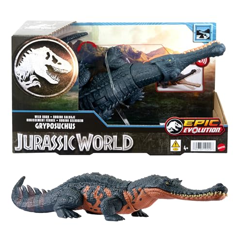 Mattel Jurassic World Griposuco Ruggito Selvaggio, dinosauro snodato con azione d'attacco specifica e ruggito, gira la rotella e attiva il morso, giocattolo per bambini, 4+ anni,