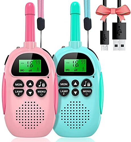 uleway Walkie Talkie Bambini Ricaricabili Longue Portée, Ricetrasmittenti 16 Canali con LCD Retroilluminato Funzione VOX Blocco Tastiera Torcia, Regalo per Ragazzi di 3-12 Anni (Blu e Rosa)