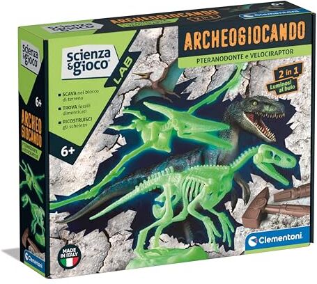 Clementoni - Scienza Lab-Archeogiocando Pteranodonte E Velociraptor-Dinosauri, Kit Fossili da Scavare E Assemblare, Gioco Scientifico 7 Anni, in Italiano, Made in Italy, Multicolore,