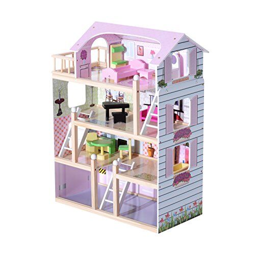 Homcom Casa delle Bambole per Bambini 3+ Anni in Legno di Pino e MDF a 4 Piani con 13 Accessori, Rosa, 60x30x80 cm