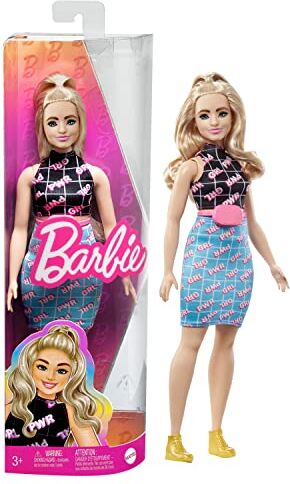 Barbie Bambola Fshionistas bionda curvy con vestito con stampa "Girl Power" e accessori, giocattolo per bambini, 3+ anni,