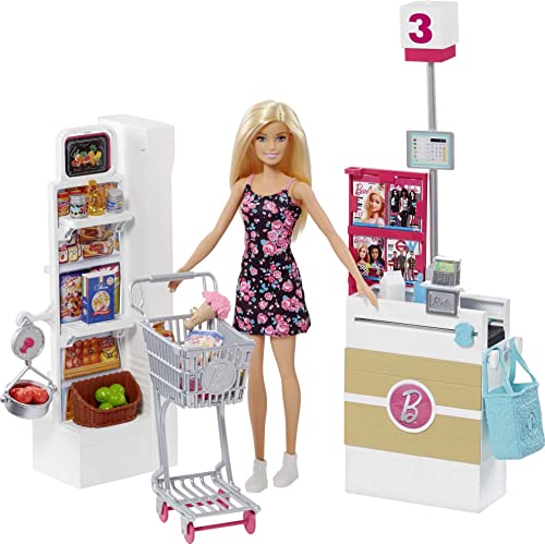 Barbie Bambola, Supermercato, Carrello Funzionante e Tanti Accessori, Multicolore,