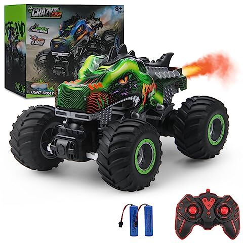 Rhybor Auto telecomandata dinosauro 1:16 scala RC Monster Truck telecomando auto con luci a LED a nebbia spray 2,4 GHz 20 km/h RC auto giocattolo per bambini dai 3 4 5 6 8 10 anni (verde),