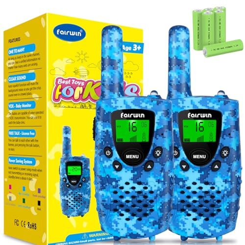 Fairwin Walkie-Talkie Bambini, Regalo Bambino 3 4 5 6 7 8 Anni Maschio, Walkie Talkie Ricaricabili 8 Canali Display LCD VOX Funzione con Torcia 4KM Giochi Bambini 3-12 Anni (Blu Camo)