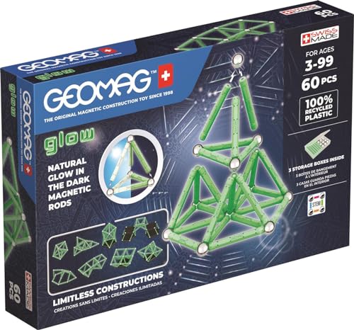 Geomag GLOW RECYCLED 60 pezzi costruzioni magnetiche fosforescenti strisce magnetiche fosforescenti plastica riciclata al 100% capacità creative costruzione 3D