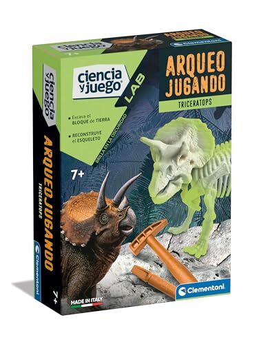 Clementoni Archeogiocando Triceratopo fosforescente Gioco di Scienze, per Cavalcare il proprio Dinosauro fosforescente e scoprire la scienza dell'archeologia, A partire da 7 anni