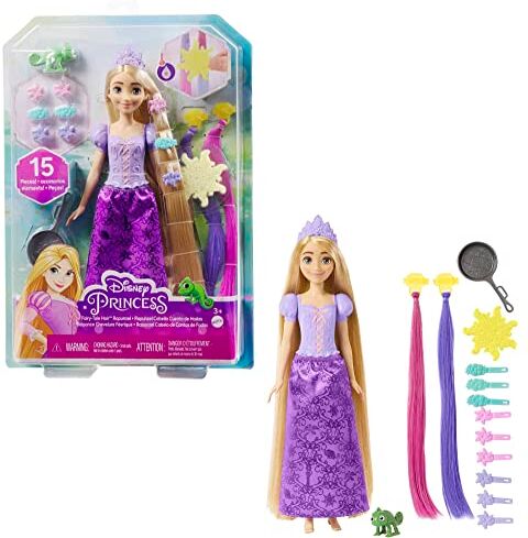 Mattel Disney Princess Rapunzel Chioma Magica, bambola con extension capelli cambia-colore e accessori per lo styling, Giocattolo per Bambini 3+ Anni,