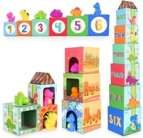 DINORUN Giochi Bambini 1 Anno, Giochi Montessori Cubi Impilabili Bambini Dinosauro Giocattolo Giochi Bagnetto Neonato Regalo Bimba Ragazzino 1 2 3 Anni