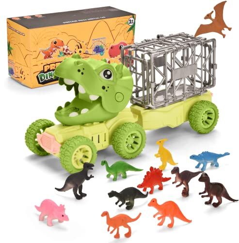 Fanbusa Dinosauri Camion Giocattolo per bambini dai 3 ai 5 anni in su, con 12 mini dinosauri Regalo 3 4 5 6 anni bambino bambina, Dinosauro Macchinine Trasportatore per Bambini Giochi