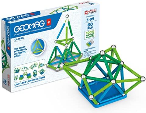 Geomag CLASSIC 60 Pezzi 100% Plastica Riciclata Costruzioni Magnetiche per Bambini dai 3 Anni Produzione Svizzera Blocchi di Costruzione con 28 Bacchette, 28 Sfere, 4 Basi Gioco Magnetico