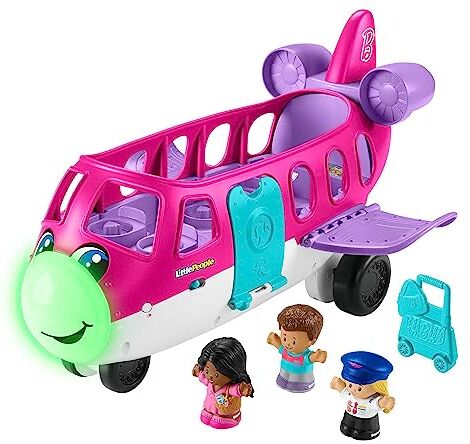 Fisher Price Little People Barbie Little Dream Plane, aereo con luci, suoni e scale pieghevoli, personaggi di Barbie e Ken e bagaglio, versione multilingue, giocattolo per bambini, 18+ mesi,