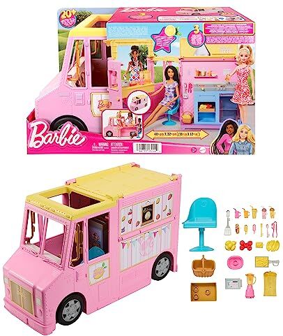 Barbie Playset Furgoncino della limonata, include veicolo con tettuccio apribile, aree di preparazione e ristoro, cibi e bevande colorati, 25+ accessori, giocattolo per bambini, 3+ anni,