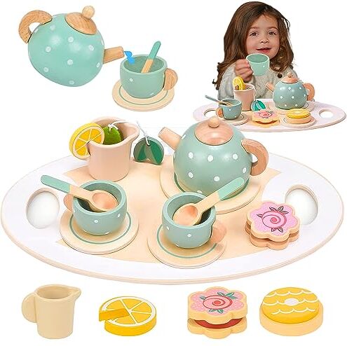 TUZHE Servizio da tè per bambini, in legno, accessori per la cucina dei giochi, accessori per la cucina dei bambini, stoviglie per feste di tè, giochi di ruolo, regalo per bambini, ragazze e ragazzi