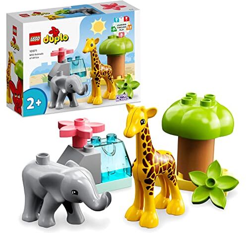 Lego DUPLO Animali dell’Africa, Giochi Educativi con Animali Giocattolo per Bambini e Bambine dai 2 Anni con Giraffa, Elefante e Tappetino da Gioco