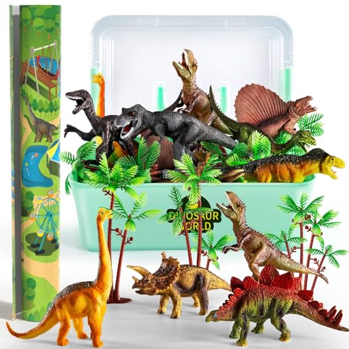 TEMI Dinosaur Toy Figura con Attività Play Mat & Alberi, Educational Realistic Dinosaur Playset per creare un mondo Dino tra cui T-Rex, Triceratops, Velociraptor, per bambini, ragazzi e ragazze