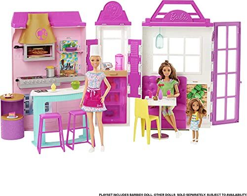 Barbie Set da Gioco The Restaurant con Oltre 30 Accessori da Cucina e 6 Aree Giochi, tra Cui Bambola, Multicolore, Giocattolo per Bambini dai 3 Anni in su, , Confezione sostenibile