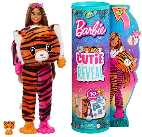 Barbie Bambola  Cutie Reveal Tigre, Serie Amici della giungla, con costume da tigre, di peluche e 10 sorprese con tecnologia cambia colore, Giocattolo per Bambini 3+ Anni,