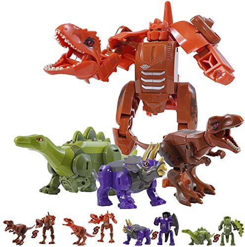 TUNJILOOL Dinosauri Giocattoli Transformable 4PCS Dino Robot, 2 in 1 Dinosauri Trasformati Educativo per Bambini Bambini 6+ Anni