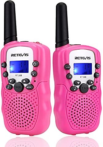 Retevis Walkie Talkie Bambini, Giocattolo a Lungo Raggio 8CH RegaliBambini 4-12 Anni, Torcia LCD Retroilluminata Campeggio, Avventure all'Aperto, Giochi per Famiglia (1 Paio, Rosa)