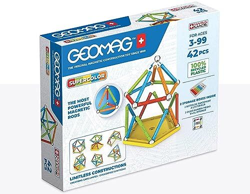 Geomag SUPERCOLOR RICICLATO 42 Pezzi Costruzioni Magnetiche per Bambini dai 3 anni Plastica Riciclata al 100% Mattoncini con 20 Stecche, 20 Sfere, 2 Basi STEM Montessori-Prodotto Svizzero