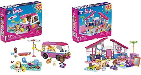 Barbie MEGA Casa di Malibu con le 2 micro-bambole, adorabile cucciolo e tanti accessori, set da costruzione, Giocattolo per Bambini 5+ Anni, GWR34 & MEGA Camper dei Sogni