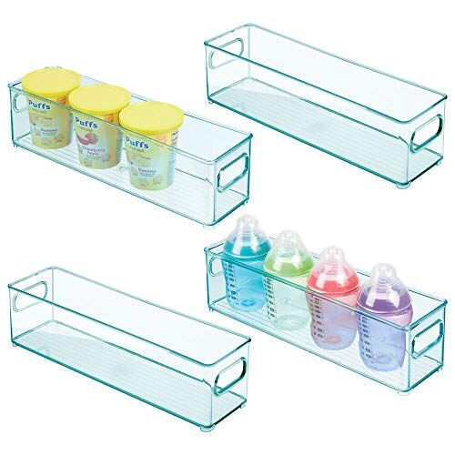 mDesign Set da 4 Organizer per cameretta – Contenitore portaoggetti con manici realizzato in plastica senza BPA – Box stretti e lunghi ideali per giocattoli, vestiti o bambole – azzurro