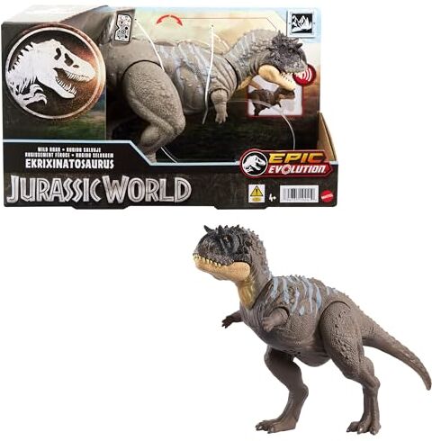 Mattel Jurassic World Ecrixinatosauro Ruggito Selvaggio, dinosauro snodato con azione d'attacco specifica e ruggito, gira la rotella e attiva il morso, giocattolo per bambini, 4+ anni,