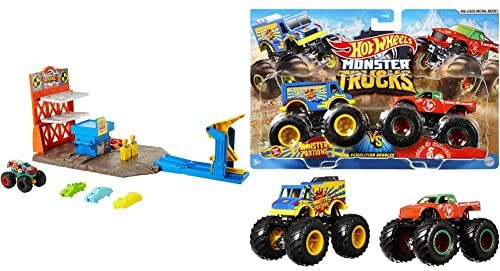 Hot Wheels Monster Trucks Playset Distruzione Suprema e 3 Macchinine con Lanciatore & Mattel FYJ64 Modellino di Monster Truck Duos, Modelli assortiti, 1 pezzo