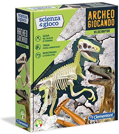 Clementoni - Archeogiocando Velociraptor Luminoso al Buio Gioco Scientifico, Multicolore,