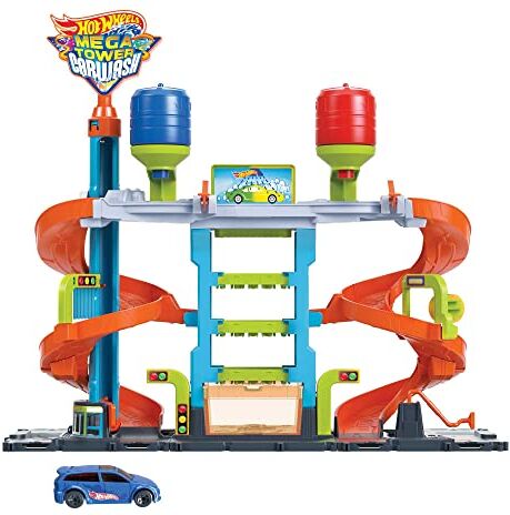 Hot Wheels City Mega Torre Autolavaggio, 1 macchinina Color Shifters, pratici Serbatoi per Acqua Calda e Fredda, Si collega ad Altri Set, Giocattolo per Bambini 4+ Anni,