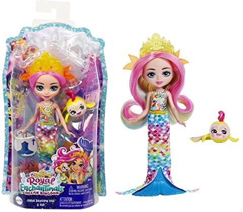 Enchantimals Ocean Kingdom Personaggio Radia Pesce Arcobaleno e Amico Flo con Gonna Rimovibile, Corona e Scarpe, Giocattolo per Bambini 3+ Anni,