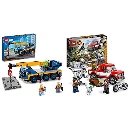 Lego 60324 City Great Vehicles Gru Mobile, Camion Giocattolo per Bambini, Ragazzi e Ragazze & 76946 Jurassic World La Cattura dei Velociraptor Blue e Beta, Dinosauri Giocattolo