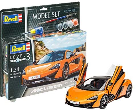 Revell Modellino Auto 1: 24 – McLaren 570S in Scala 1: 24, Level 3, Riproduzione Fedele all' Originale con Molti Dettagli, Model Set con Base di, 67051