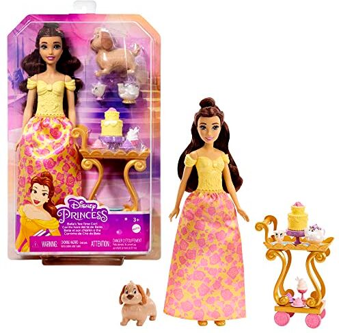 Mattel Disney Princess Set da te' di Belle playset e bambola Belle con vestiti scintillanti, con amici e vivande, Giocattolo per Bambini 3+ Anni,