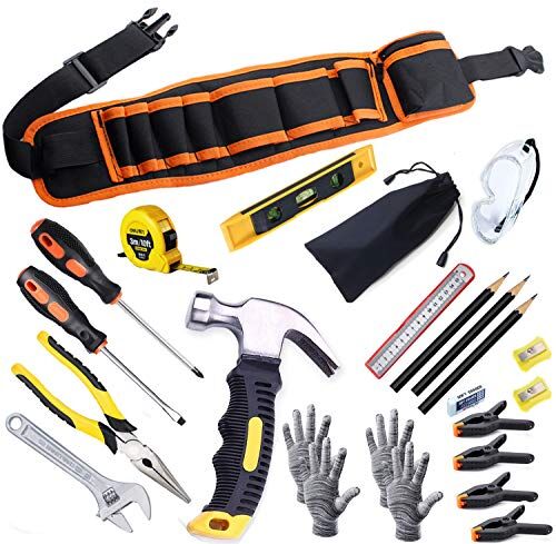 QeeHeng Attrezzi Bambini Set 25 pcs Strumenti Costruzione Reali Kit Giovane Costruttore,Utensili Mano Reale Bambini,Utensili Lavorazione Legno Ragazzi Adolescenti Regalo Principianti,Cintura Attrezzi Bambini