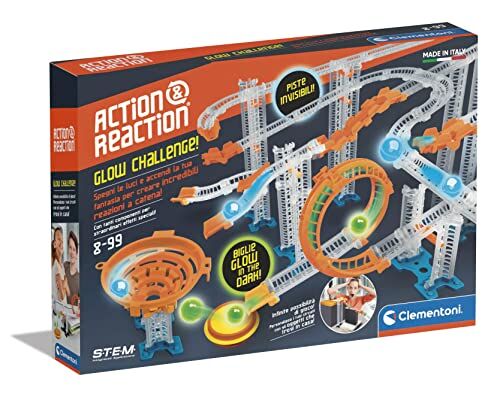 Clementoni - Action & Reaction-Glow Effect Costruzioni, Pista Biglie per Bambini, Marble Run, Gioco Scientifico 8 Anni, Set Espansione (Versione Italiana) -Made in Italy, Multicolore,