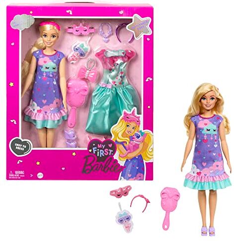 Barbie La Mia Prima , giocattolo per bambini 3+ anni, Bambola alta 34 cm con busto morbido e arti snodati, abiti e accessori per serate di festa e momento della nanna,