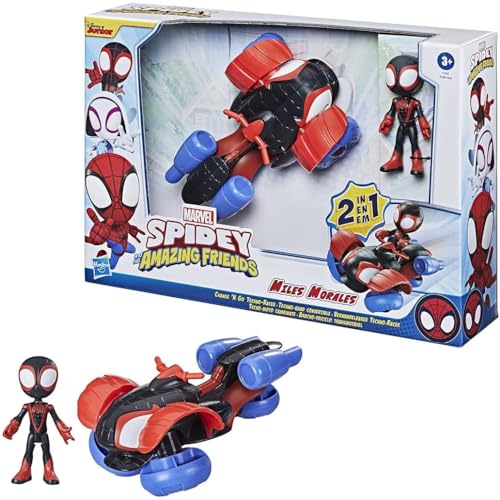 Hasbro Spidey e i Suoi Fantastici Amici Miles Morales e Techno-Racer, veicolo convertibile 2-in-1 con personaggio da 10 cm, per bambini dai 3 anni in su