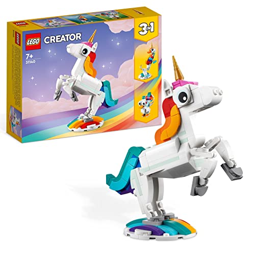 Lego Creator Unicorno Magico con Arcobaleno, Set 3 in 1 con Fantastici Animali Giocattolo per Bambini e Bambine, Cavalluccio Marino e Pavone, Idea Regalo