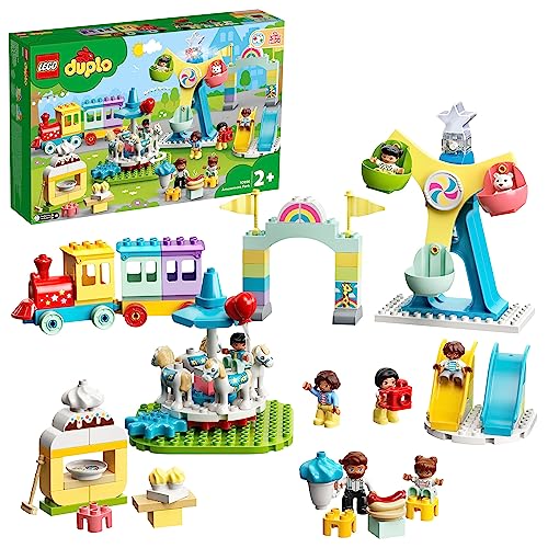 Lego DUPLO Town Parco dei Divertimenti, Modellino da Costruire con Attrazioni, Scivoli, Giostre e Treno Giocattolo, Set con 7 Minifigure e Accessori, Giochi per Bambini e Bambine da 2 Anni