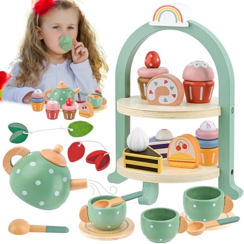 WuGU Set da Tè per Bambini, 23 Pezzi Set da Tè Giocattoli in Legno, Cucina Giocattolo, Accessori da Cucina per Bambini, Legno Giochi di Ruolo Regalo per Ragazzi Ragazze Oltre 3 4 5 Anni