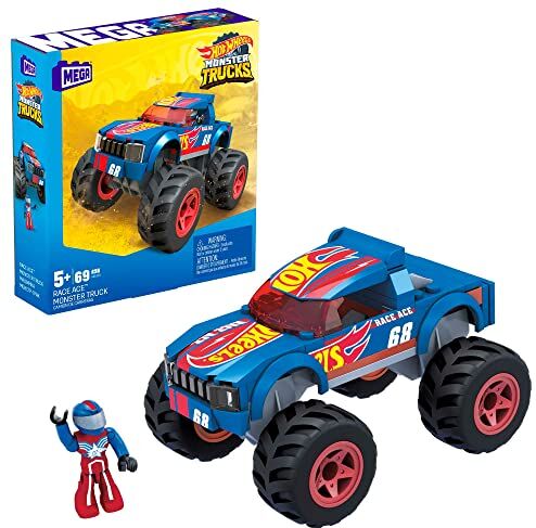 Hot Wheels Mega  Race Ace Monster Truck con 69 mattoncini e 1 Micro Personaggio snodato, Giocattolo per Bambini 5+ Anni,