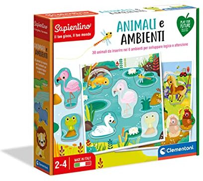 Clementoni Sapientino-Animali e Ambienti, flashcard-Gioco educativo 2 Anni-Materiali 100% riciclati-Play for Future-Made in Italy, Multicolore,