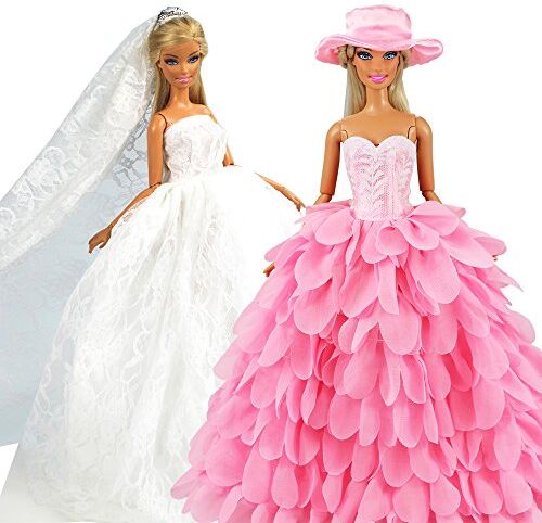 Miunana 2 Vestiti per 30 CM / 11.5 Pollici Principessa Bambola = Sera Party Principessa Abbigliamento Abito da Sposa Lungo Senza Spallini con Corona E Velo + Abito A Scale Colore di Rosa con Cappello