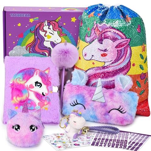 Tacobear Diario Segreto Bambina Unicorno Regalo Bambina 6 7 8 9 10 11 12 anni, Diario Segreto Peluche e Lucchetto Unicorno Astuccio Portafoglio Set Cancelleria Unicorno Regalo Compleanno Ragazza