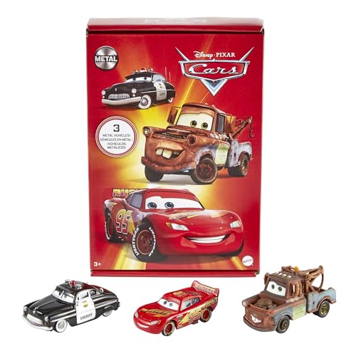 Mattel Disney Pixar Cars- Confezione da 3 Veicoli Radiator Springs, con Macchinine Saetta McQueen, Sceriffo e Cricchetto, Giocattolo per Bambini 3+ Anni,
