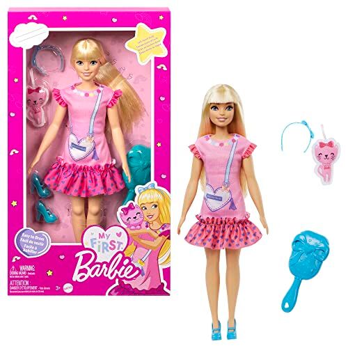 Barbie La Mia Prima , giocattolo per bambini 3+ anni, Bambola alta 34 cm con busto morbido e arti snodati, abito rosa e una borsetta a forma di cuore, accessori e cucciolo di peluche,