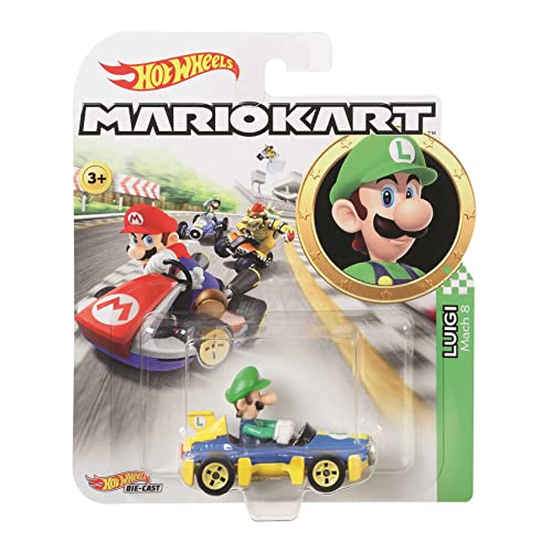 Hot Wheels - Mario Kart Personaggio Luigi Veicolo in Metallo in Scala 1:64, Macchinina Giocattolo per Bambini 3 + Anni,